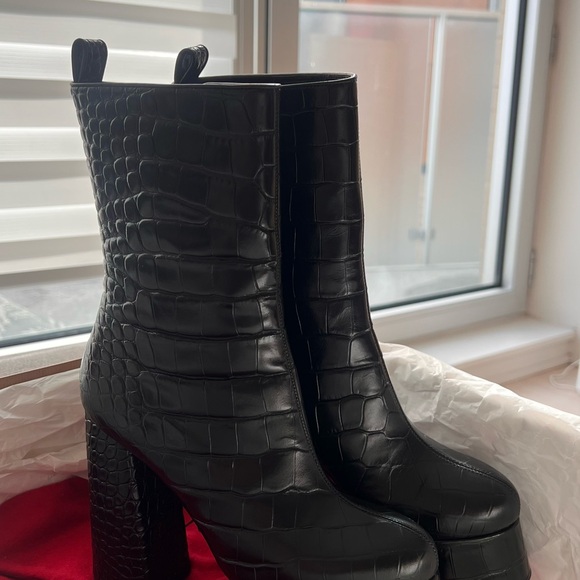 Christian Louboutin Black Croc-Embossed Platform Block Heel Ankle Boots - Picture 4 of 6